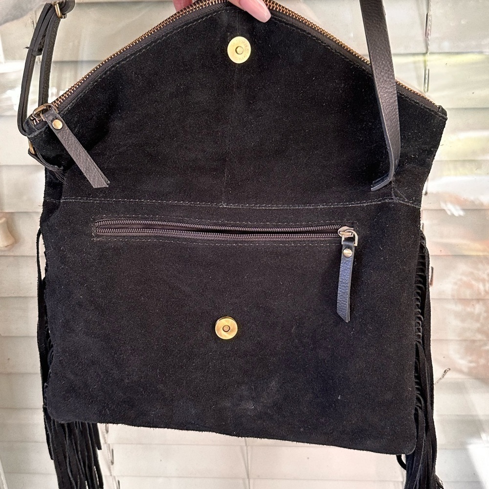 SORPRESA Black Suede Fringe Zippered Envelope Crossbody Shoulder Bag Boho Hippy - Picture 5 of 8